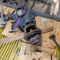 The old motor, after lifting up from the lower level (the pump was already removed).