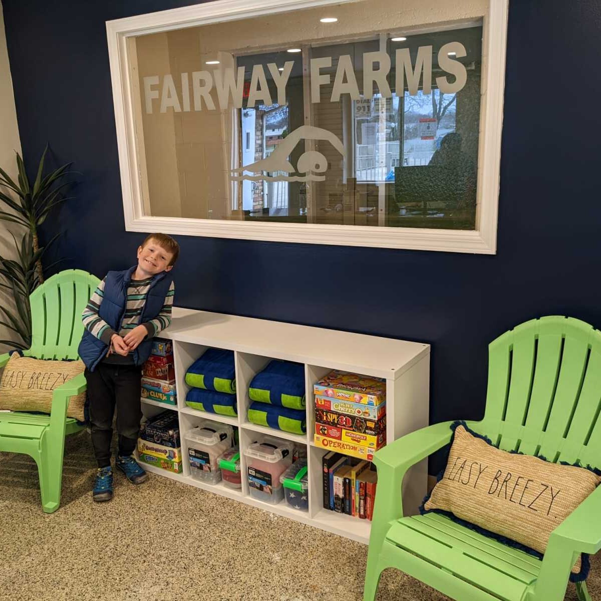 A view of the new seating and game-storage area, designed by Kari Parnell. Shelving donated by the Zager family. New Indoor Seating Area