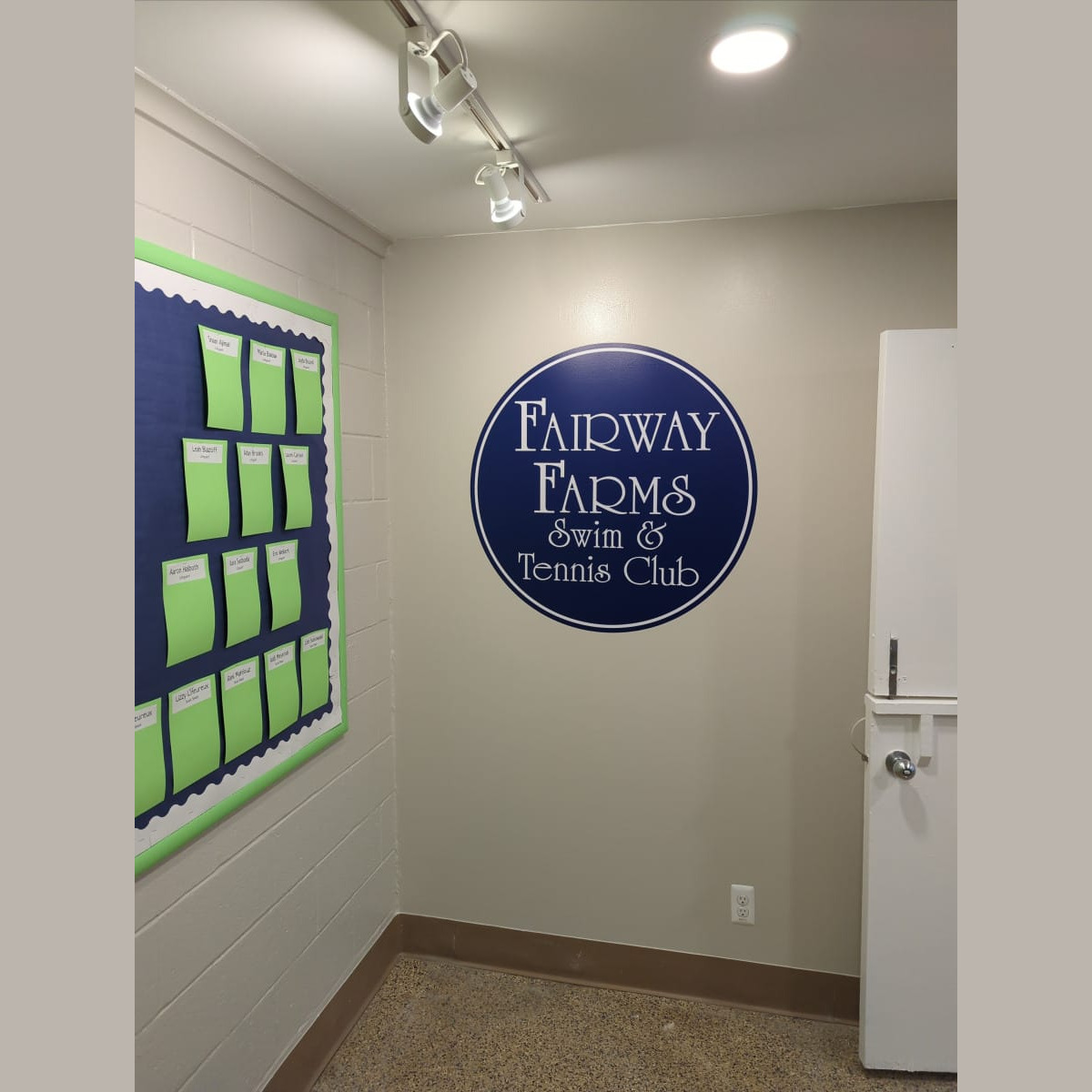 The new Fairway Farms Decal - visible upon entry to the clubhouse (from the parking lot). Donated by the Kihn family. Photo taken on May 2nd, 2022. Fairway Farms Decal