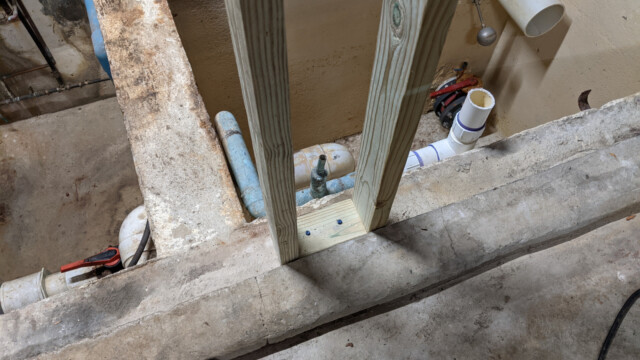 New treated lumber pipe support structure installed after removal of the old floor on November 29th, 2020. New Pipe Support Structure