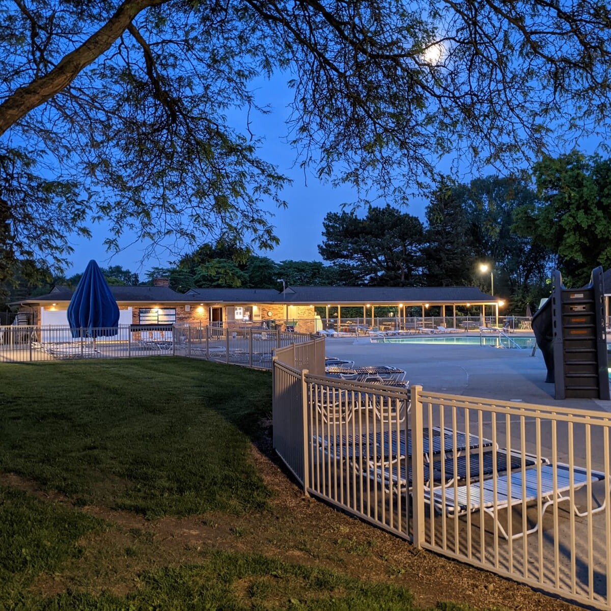 A view of the pool deck at night on May 24th, 2021. Pool Deck at Night in May (5 of 7)