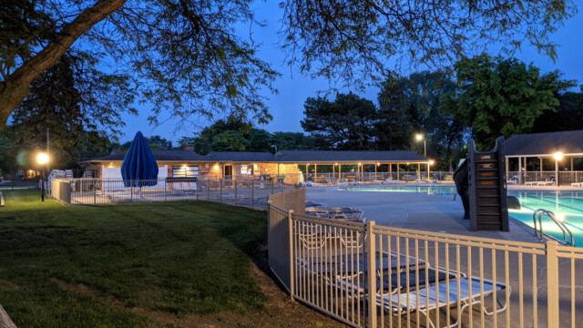 A view of the pool deck at night on May 24th, 2021. Pool Deck at Night in May (5 of 7)