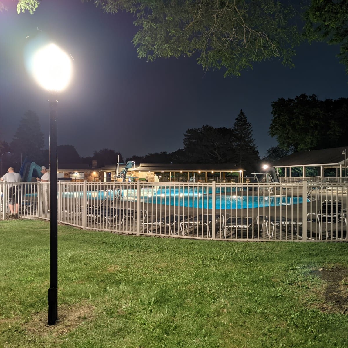 A view of the pool deck at night on May 24th, 2021. Pool Deck at Night in May (4 of 7)