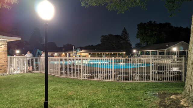 A view of the pool deck at night on May 24th, 2021. Pool Deck at Night in May (4 of 7)