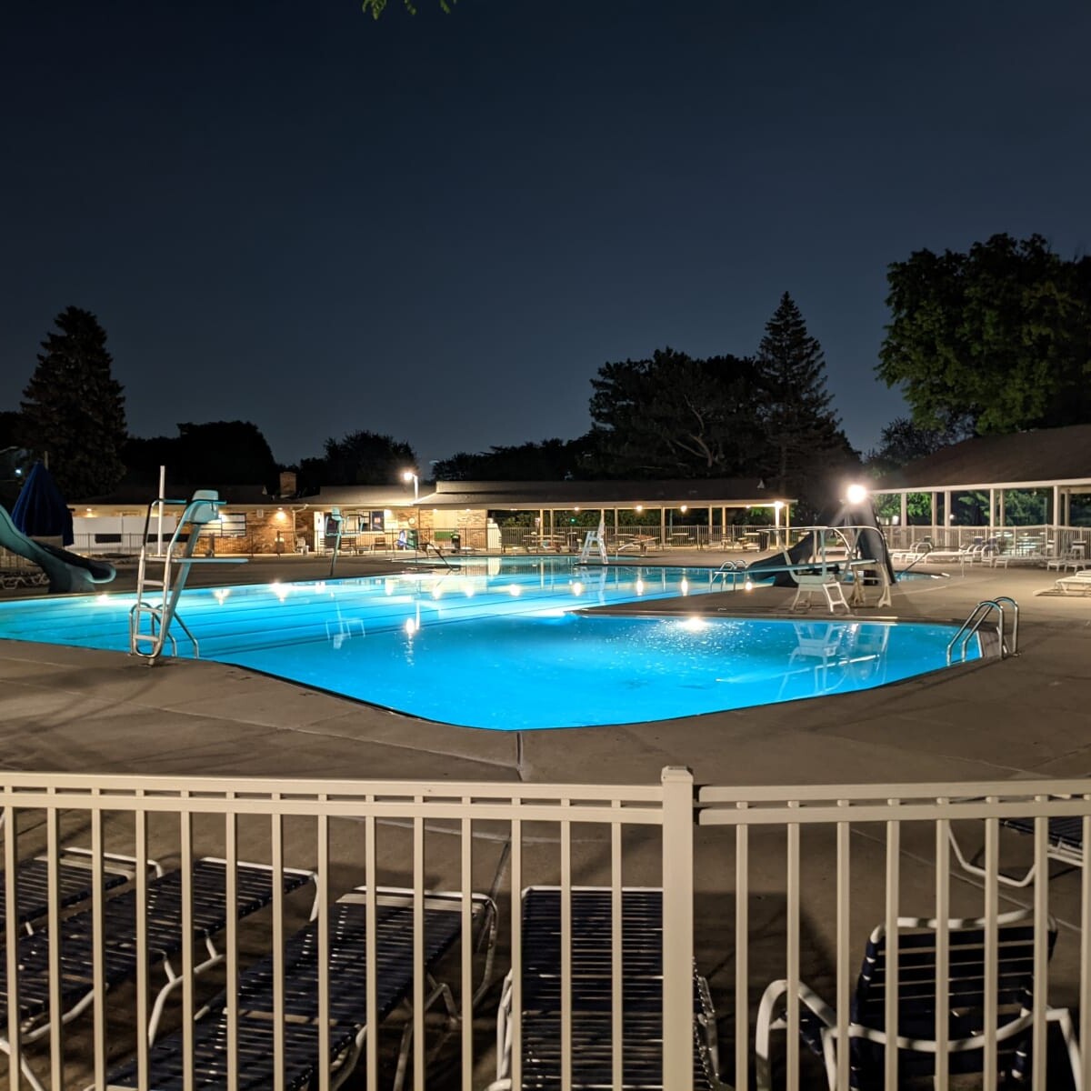 A view of the pool deck at night on May 24th, 2021. Pool Deck at Night in May (3 of 7)