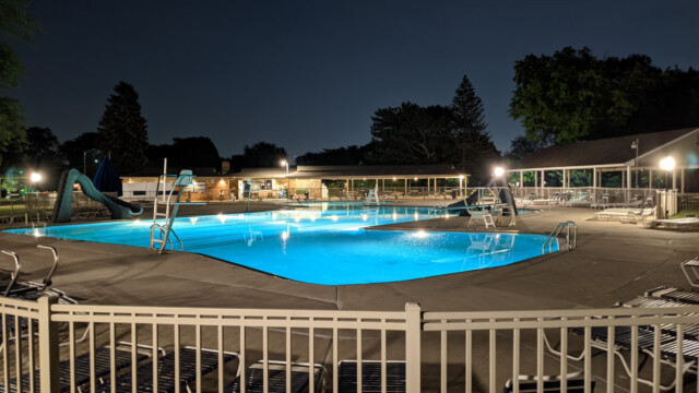 A view of the pool deck at night on May 24th, 2021. Pool Deck at Night in May (3 of 7)
