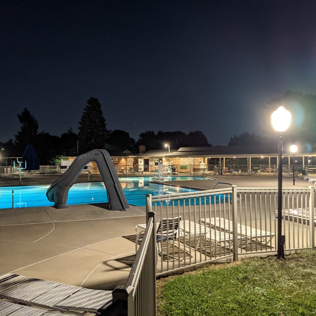 A view of the pool deck at night on May 24th, 2021. Pool Deck at Night in May (2 of 7)