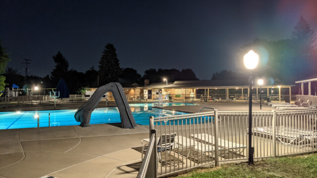 A view of the pool deck at night on May 24th, 2021. Pool Deck at Night in May (2 of 7)