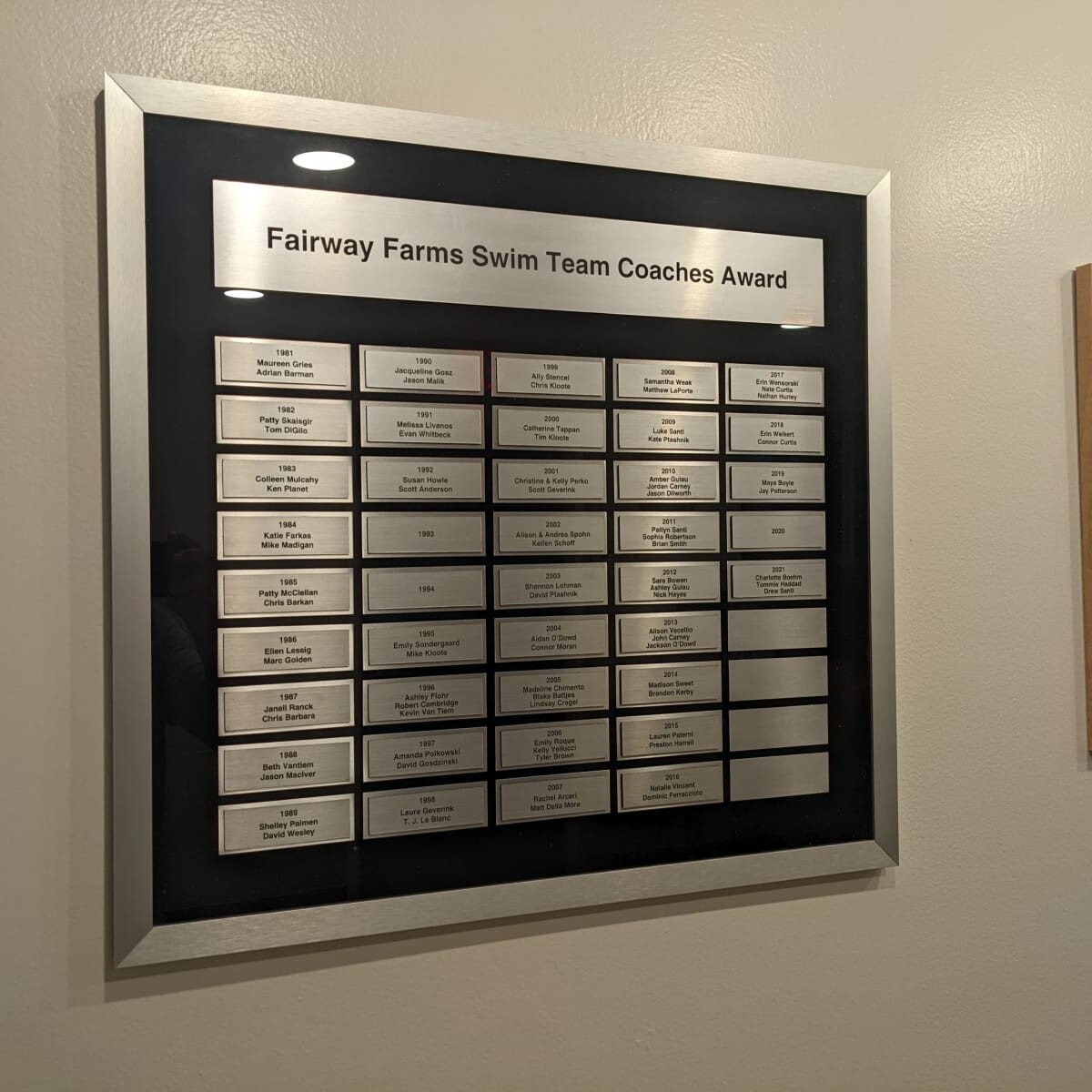 The new coaches award plaque as donated by Erin O'Brien and her family. Taken on July 11th, 2022. Coaches Award Plaque