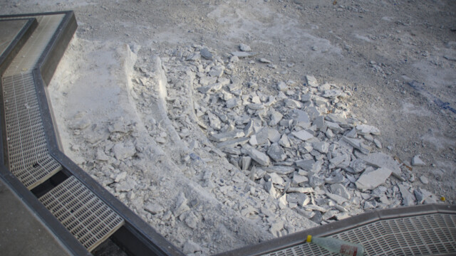 The north staircase in the main pool. Note that some gutter grates were intentionally removed here to support measurements for the aforementioned 3D printing project. Demolition - Day 6